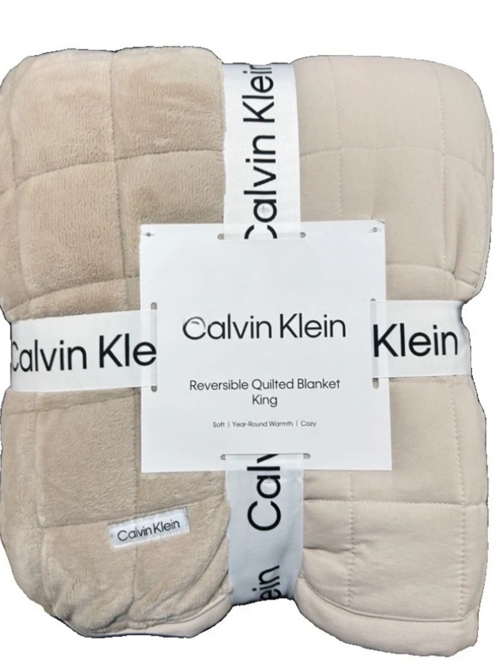 Calvin Klein Beige Soft and Cozy Reversible Quilted Blanket 108”x90”